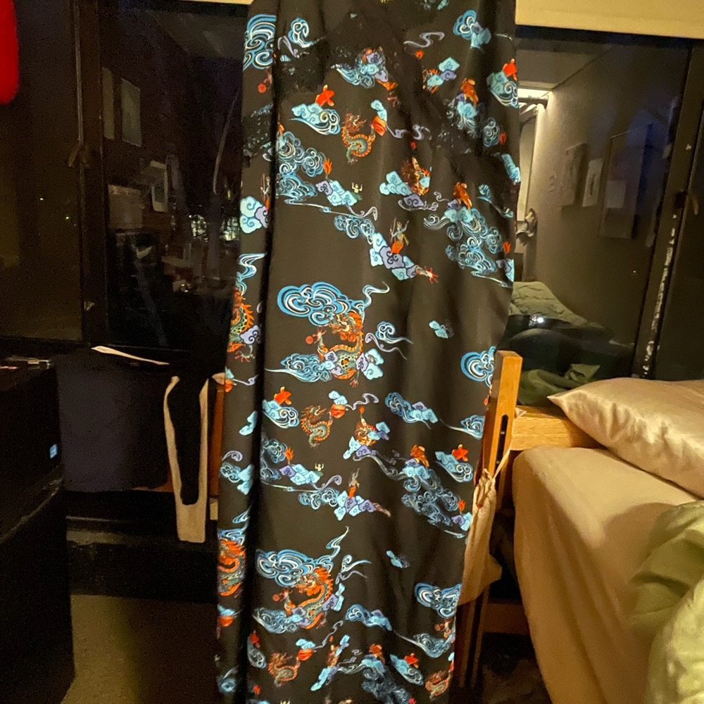 Urban Revivo Black and Blue Cloud and Dragon Patterned Slip Dress